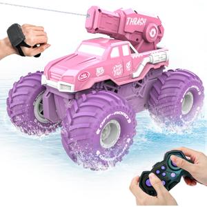 BEZGAR Amphibious Remote Control Car for Girls - Pink Monster Truck Toys 1:16 RC Boats 2.4GHz Waterproof Tank with Shooting Water Pistol, 4WD All-terrian Off-Road Pickup Outdoor, Girls Kids Gifts