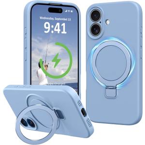 Compatible with iPhone 16 Case Stand, Slim Comfortable Liquid Silicone Phone Cases Fit for iPhone 16 Compatible with MagSafe Magnetic Ring Kickstand Stand Case Full Camera Protection, Blue
