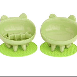 Cat Bowl, Raised Slow Feeder, Inclined Anti-Vomiting Cat Bowl with Non-Slip Mat, Moustache Friendly, Cat Food Dish (Green)