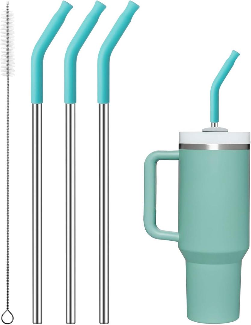 Reusable Metal Straws with Silicone Tip for Stanley 40oz,Stainless Steel Drinking Straws for 40oz Tumbler,3 Straight Tubes & 6 Tips& 1 Cleanr Brush(Jade) (Light Green)