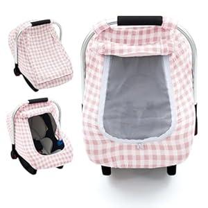 Muslin Car Seat Cover Baby, Summer Infant Carseat Covers with Breathable Window, Lightweight Car Seat Sun Shade Cover for Girls Boys, Fit Spring Summer (Pink)