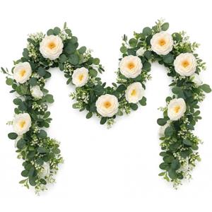 2Pcs 13Ft Artificial Eucalyptus Flower Garland with White Rose Flowers, Faux Floral Greenery Garlands Fake Flowers Vines for Wedding Centerpieces Arch Party Ceremony Backdrop Decor