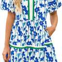 Cicy Bell Womens V Neck Floral Mini Dress Short Puff Sleeve Patchwork Summer Casual Boho Dresses (White, XL)