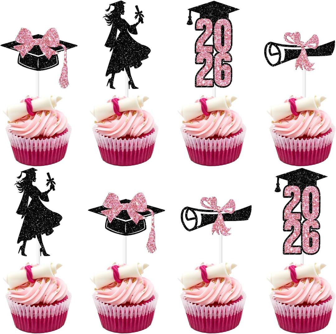 24PCS 2026 Graduation Cupcake Toppers, Congrats 2026/Class of 2026, Congratulations Grad, Senior High School College Girls Graduation Party Decorations Black & Pink Glitter