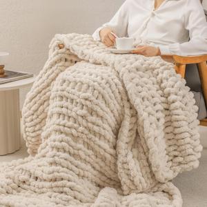 bearberry Chunky Knit Throw Blanket 60x80 Inches Handmade, Soft Jumbo Chenille Yarn with Cable Rope Knot Design | Thick Cozy Large Blanket for Couch, Sofa, Bed & Living Room Home Decor | Beige