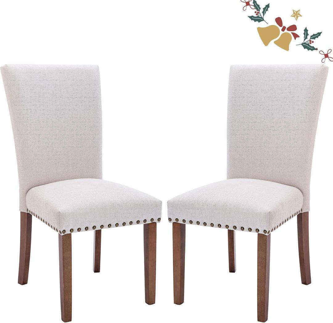COLAMY Upholstered Fabric Dining Chairs Set of 2, Parsons Dining Room Kitchen Side Chair with Nailhead Trim and Wood Legs - Beige