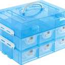 MyGift 11 Inch Sky Blue Transparent Arts and Crafts Sewing Supplies Storage Organizer Case with White Accents, 24 Customizable Compartments, 6 Drawers Removable Dividers