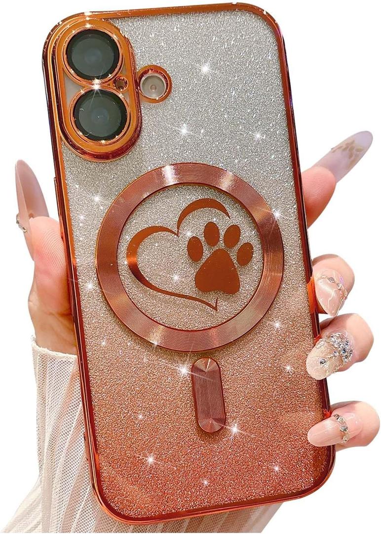 for iPhone 17 Case, Glitter Clear Cute Paw Love Heart, Compatible with MagSafe, Strong Magnetic Full Camera Lens Protection Cover, Soft Slim Bling Phone Case 6.3" - Orange