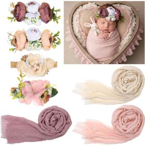 7 Pcs Baby Photoshoot Props Wrap Kit 3 Pieces Newborn Photography Props 4 Pieces Baby Flower Headband Photo Supplies