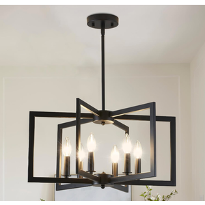 Black Chandelier, Dining Room Light Fixture Geometric Metal Modern Industrial Chandelier Lighting for Farmhouse Living Room Entryway Kitchen (E12 Bulbs Not Included, 6 Light)