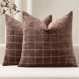 MIULEE Decorative Chenille Check Throw Pillow Covers Vintage Plaid Couch Pillows 18x18 Inch Set of 2 Neutral Boho Farmhouse Cushion Covers Modern Home Decor for Sofa Bed Living Room Reddish Brown