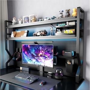 Desktop Hutch Bookshelf,Many Gifts,Metal Desktop Bookcase with pegboard, Desk Shelf, Countertop Storage Organizer Rack for Dorm or Office,Desktop Shelves (Black, 37.4" Lx9.9 Wx39 H)