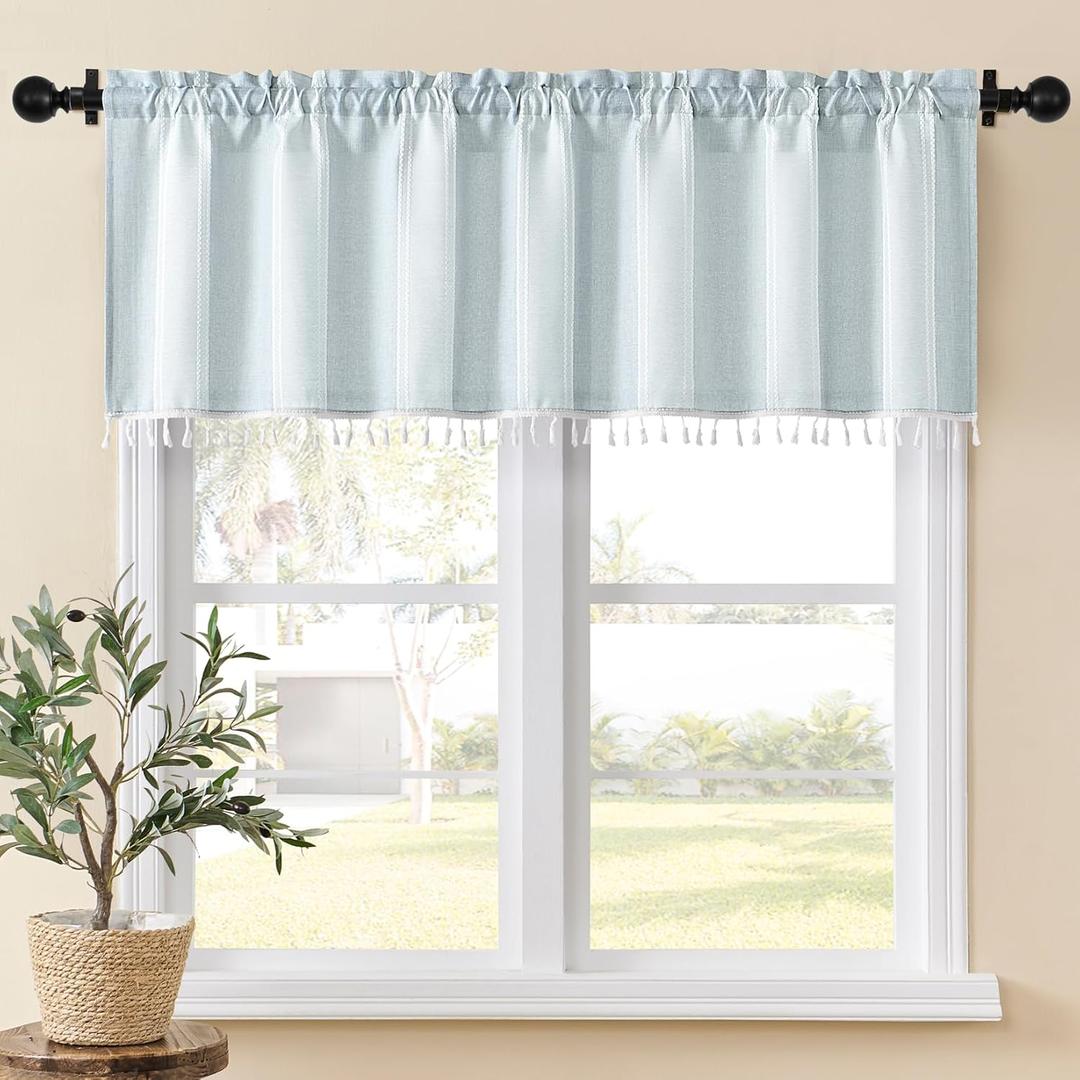 Home Queen Boho Striped Linen Window Curtain Valance with Tassel for Kitchen Bedroom Bathroom Farmhouse Curtain Valence Light Filtering Curtain Topper, 54W x 18L, Blue Gray (Grey)