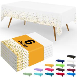 Smiry Disposable Table Cloth - 6 Pack, 54 x 108 Inch Waterproof Rectangle Tablecloths for New Years, Decorative Plastic Table Cover, Leakproof & Sturdy, White & Gold
