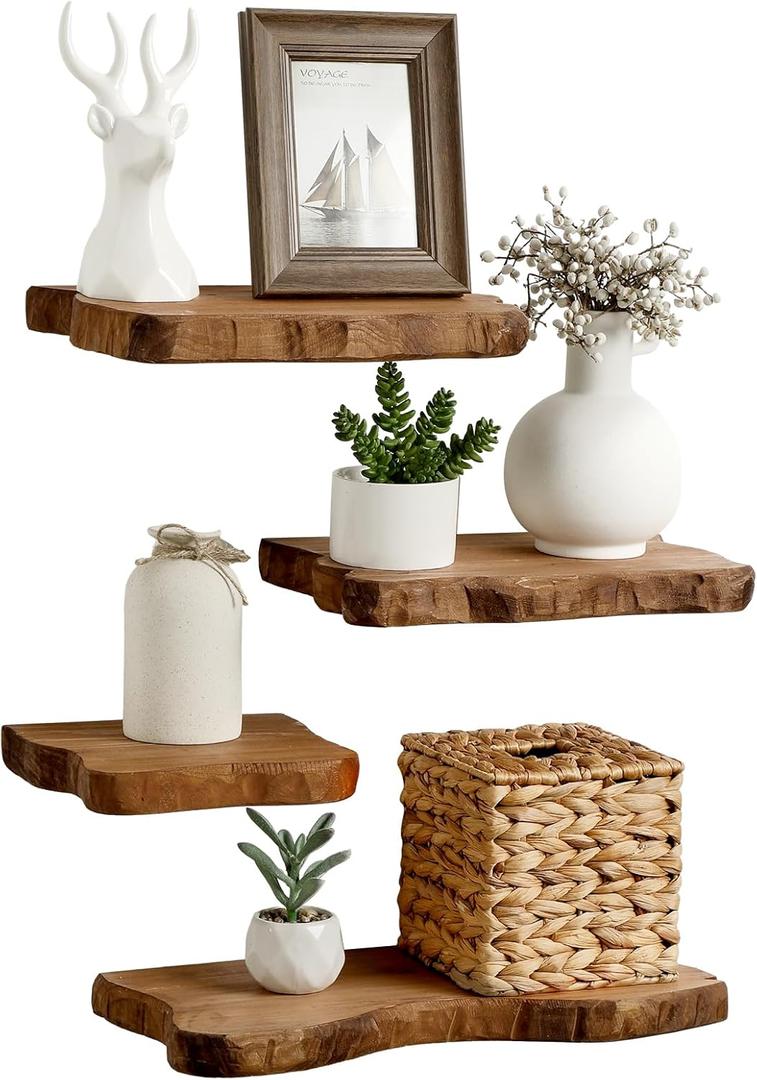 Pinkunn 4 Pcs Floating Shelves for Wall Rustic Wall-Mounted Natural Wooden Shelves Solid Wood with Live Edge Design Bathroom Bedroom Kitchen Storage Living Room Decor Nursery Shelf(4 Pcs,Small)