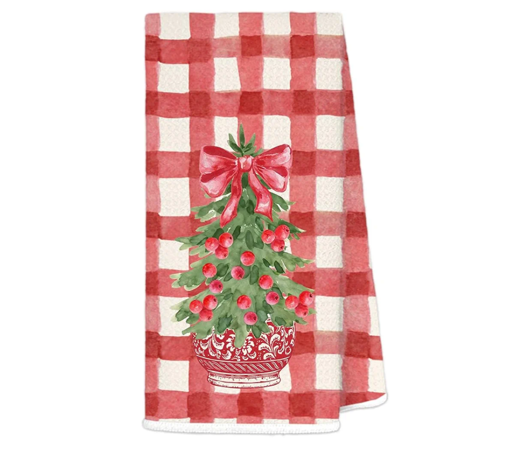 Red Buffalo Plaid Chinoiserie Christmas Kitchen Towels, Coquette Red Bow Christmas Tree Decorative Hand Towels for Bathroom Kitchen, Grandmillennial Xmas Dish Tea Towel, 16x24 Inch