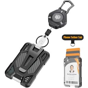 Oaridey Retractable Badge Holders, Magnetic Retractable Keychain with Carbon Fiber ID Card Holder (Holds 5 Cards), Heavy Duty Badge Reel with Phone Tether Tab, for Work and Daily Use
