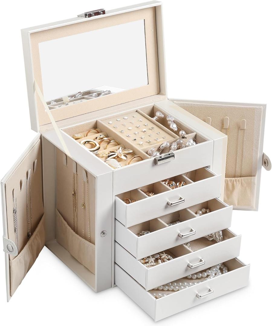 Frebeauty 5-layer Jewelry Box, Faux Leather Jewelry Organizer with 4 Drawers, Jewelry Organizers and Storage with Mirror, Jewelry Holder Organizer for Necklace, Jewerly Boxes for Women Girls(White)