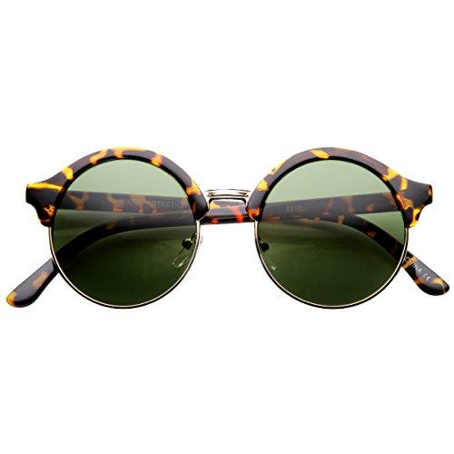 zeroUV Vintage Inspired Classic Half Frame Semi-Rimless Round Circle Sunglasses (Tortoise Green), Pack of 2