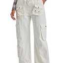 GREAIDEA Cargo Pants for Women Low Rise Drawstring Waist 7 Pockets Hiking Work Wide Leg Pants with Zipper Button Closure (Small)