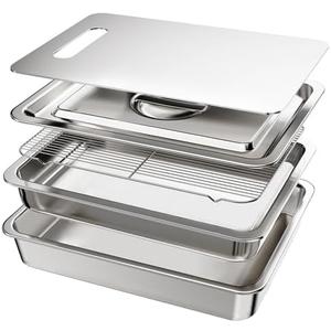 5-Piece Grill Carry System, Large Stainless Steel Grill Prep Trays with Oil Drain Rack, Marinade Container with Lid, Nested Storage, Grilling Prep and Serve Trays, Ideal for Outdoor Grilling