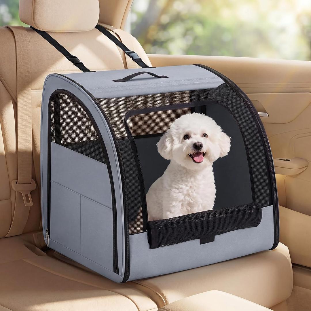 Dog Car Crate, Enclosed Foldable Cat Car Seat Carrier, 20x19x19.5in, Gray
