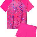 Snowheart Girls Swimsuit Short Sleeve Rash Guard with Shorts | For swimming, beach, pool parties. Super-soft, quick-drying, breathable. UPF 50+ sun protection. (Pink)