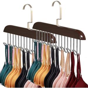 2 Pack Bra Hanger for Closet,Hangers for Closet Organizer, Wooden Organizer with16 Adjustable Hooks, Space-Saving Storage Hanging for Sport Bra Belt Tie Scarf Lingerie (Black)