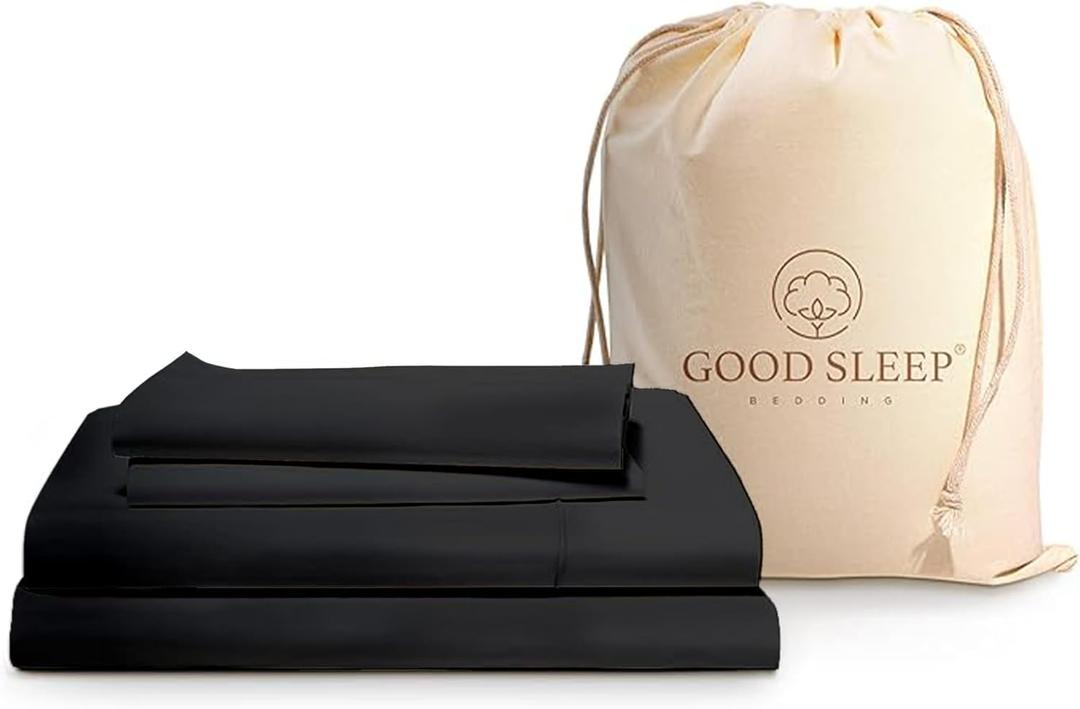 Good Sleep Bedding Full Size Bed Sheets, 4 Piece, 100% Egyptian Cotton Sheets Full Size Bed, Silky Sateen Weave, Ultra-Soft & Durable Hotel Sheets, 16" Deep Pocket Full Size Sheets Set - Black