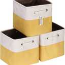 Sea Team 3-Pack Cubic Storage Basket Set, Storage Cube Organizer, Clothes Toys Bin, 11 x 11 x 11 Inches, Big Square Canvas Fabric Collapsible Shelf Box with Handles for Kids Room (Yellow/White)