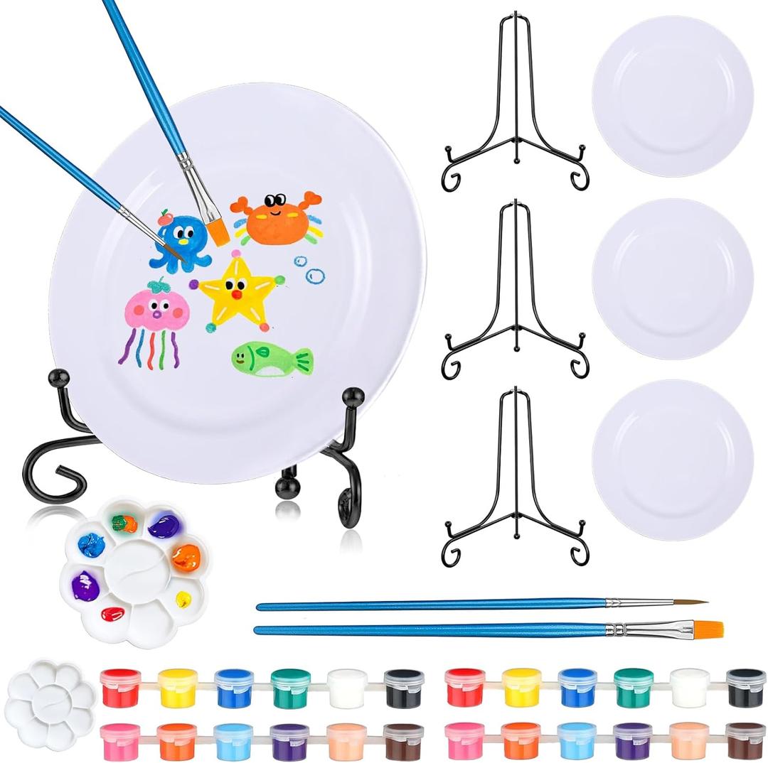 SPEDANSS 4 Set Acrylic Paint Kits,Kids Painting Set with 4 Painting Plastic Canvas Panels 4 Metal Mini Easel 12 * 2 Colors 4 Brushes 2 Palettes Mini Paint Set for Kids Adults Artists and Beginners