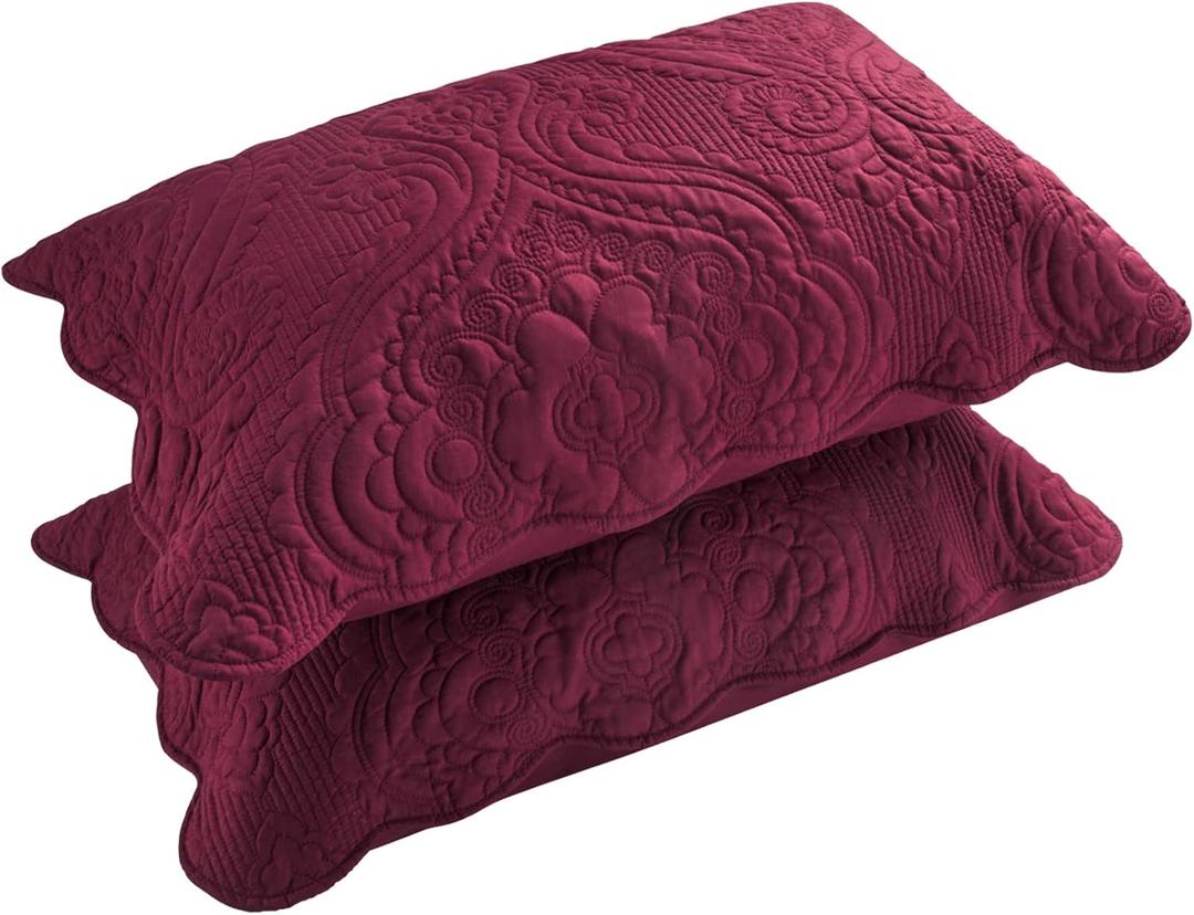 BOSOWOS Quilted Pillow Shams Set of 2, Decorative Microfiber King Bed Pillow Shams, Soft Breathable Pillow Covers with Envelope Closure (Burgundy, 2Pcs:20 x 36inch)