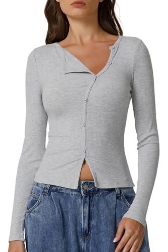 QINSEN Button Up Ribbed T Shirts for Women Long Sleeve Crew Neck Slim Fit Y2k Top Light Grey M