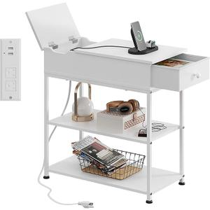 WLIVE Narrow Side Table with Charging Station, Couch Side Table for Living Room, Narrow End Table for Bedroom with Fabric Drawer, USB Ports and Power Outlets, 11.8‘’W 23.6‘’L 24‘’H, White