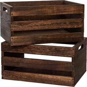 Rustic Vintage Brown Wooden Storage Crates Set, 2 Pack , 16.5 X 12 X 8.3''wood crate boxHandmade Farmhouse Decorative Crate with Handles for Books, Clothes Storage & Display
