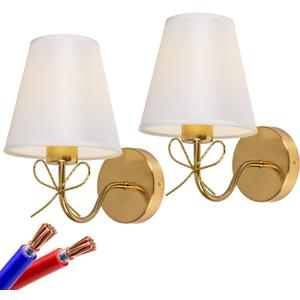 Antique Brass Wall Sconces Set of Two, Bow Sconces Decor Gold Wall Lights Brass Brushed Gold Sconce with Fabric Shade, E26 110V Hardwired Wall Lamps for Girl Bedroom, Living Room, Nursery Room Antique Brass Wall Sconces Set of Two, Bow Sconces Decor Gold Wall Lights Brass Brushed Gold Sconce with Fabric Shade, E26 110V Hardwired Wall Lamps for Girl Bedroom, Living Room, Nursery Room