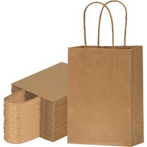 FACEBAG 100-Pack 5.25x3.25x8 Inches Small Gift Bags with Handles, Kraft Brown Paper Bags with handls bulk for Party FavorsBirthday shopping & RetailReusable & Durable