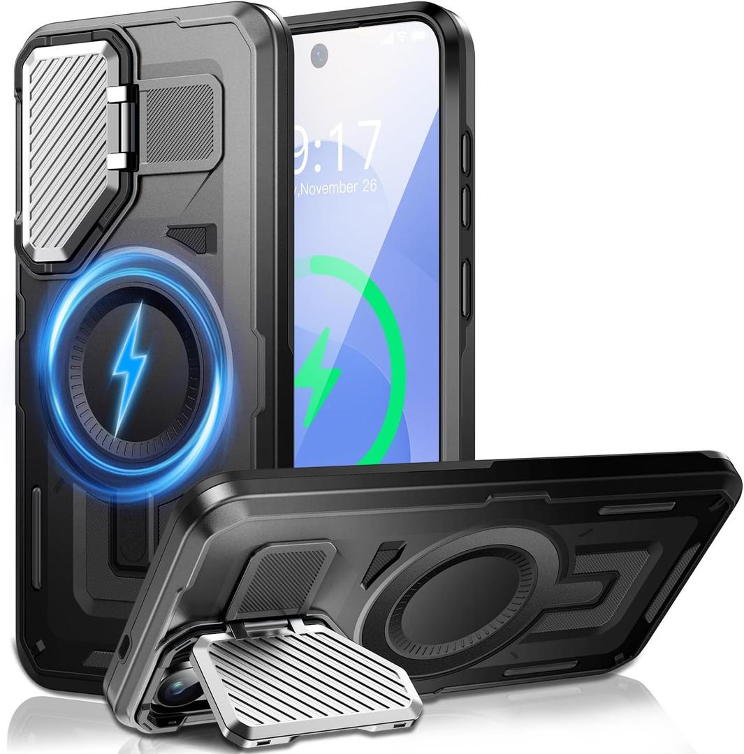 WASTROYAL Camera Stand Case for Galaxy S25 Edge, [Compatible with MagSafe][Lens Cover] 2025 Version Military Grade Protective Soft Case for Samsung Galaxy S25 Edge 6.7" Men Women, (Black)