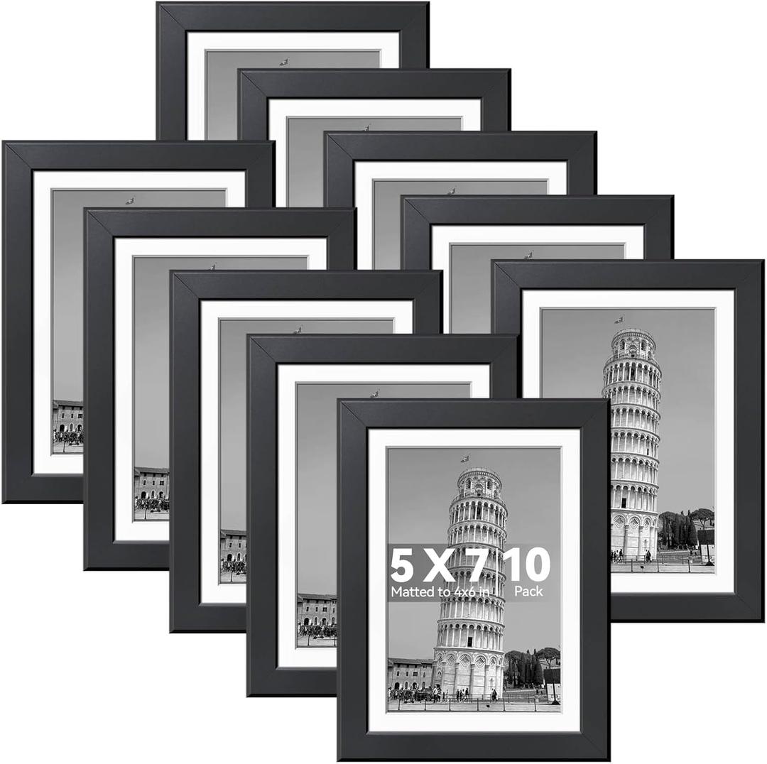 HappyHapi 5x7 Picture Frames Set of 10, Tabletop or Wall Display Pictures 4x6 with Mat or 5x7 Without, Multi Photo Frames Collage (Black)
