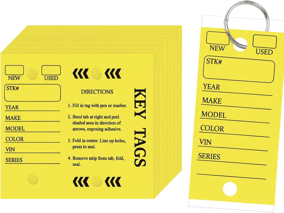 Thyle 500 Set Self Laminating Protecting Car Key Tag with Label Ring Bulk a Self-adhesive Plastic Film Prevent Writing from Fraying Key Tags with Metal Split Rings for Car Truck or RV Dealers Supplies