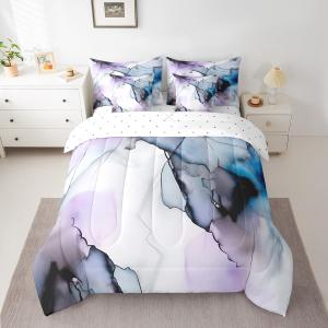 Erosebridal Gray Marble 7 Pcs Comforter Set, Abstract Grey Blue Purple White Striped Sheets Marble Sheet Set Bed in A Bag for Men Women, Stone Pattern Duvet Set Boy Quilt Set Queen Size