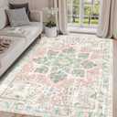 Vhong Boho Area Rugs Vintage Washable Neutral Modern Dusty Pink and Green 5x7 Non Slip Carpet for Nursery Living Room Dining Room Bedroom Farmhouse Girls'Room (5'x7)