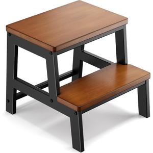 2 Step Wooden Step Stools for Adults Non-Slip, Sturdy Bed Steps for High Beds Easy Assembly, Portable Two Step Stool Holds Up to 500 Lb (Light Walnut)