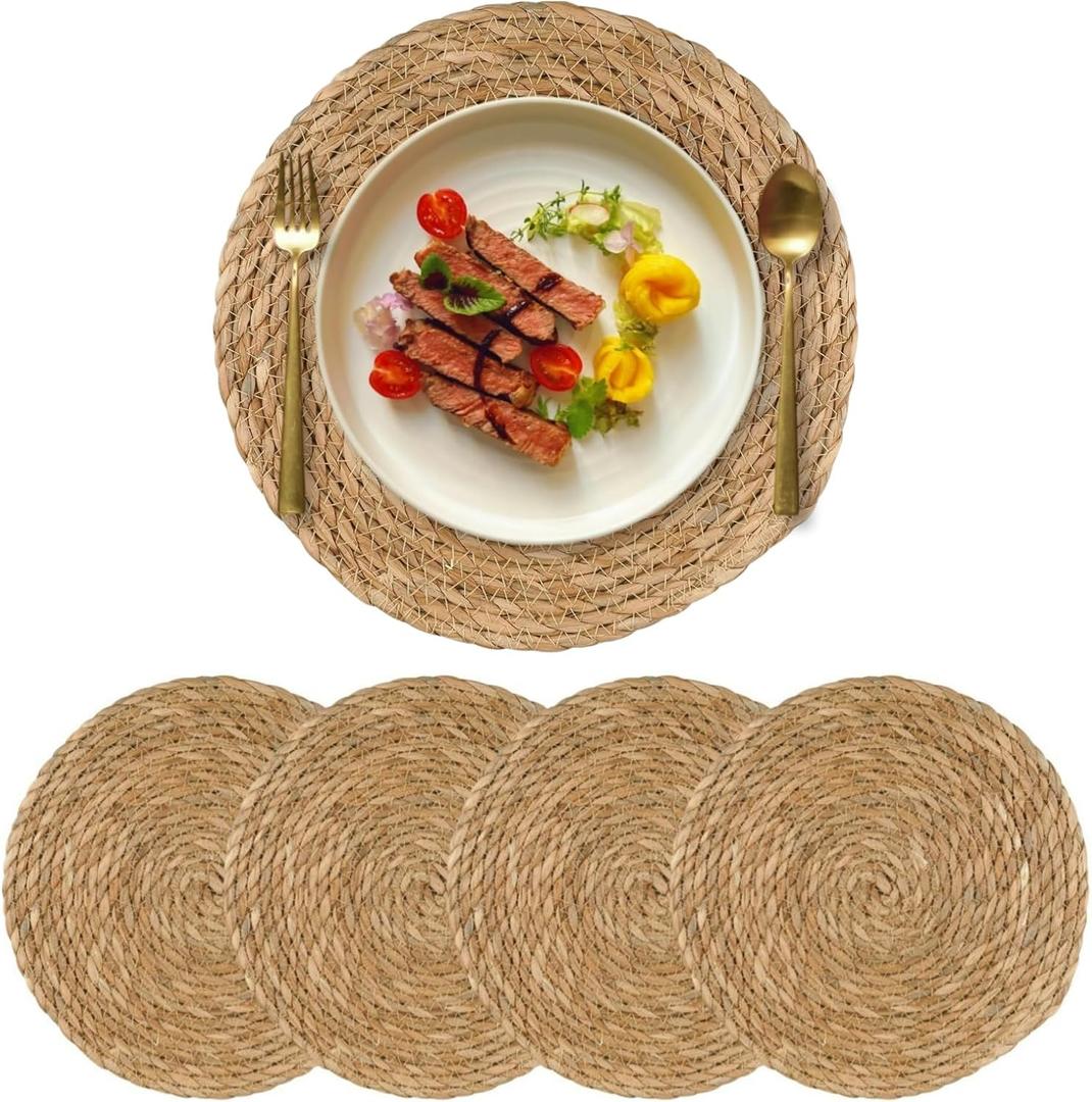 15 inch Round Woven Placemats Set of 4, Boho Rattan Natural Hand-Woven Water Hyacinth Placemats, Chargers for Dinner Plates, Farmhouse Weave Place Mats, Rustic Wicker Table Mats Decor for Home,Wedding