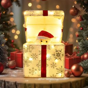 Christmas Lighted Best Gift Boxes Surprise,50 Warm White LED Lights.White Snowflake Velvet Gift Box&Red Bow,Turned On,Top of The Box Opens to Reveal Santa Claus.Indoor Christmas Home Yard Lawn Decor.