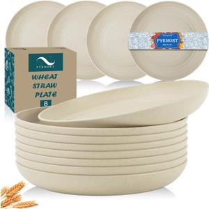 PYRMONT Dinner Plates Set of 8 Unbreakable Wheat Straw 10-inch Large Plates Plastic Reusable Dishwasher and Microwave Safe for Kids - Beige