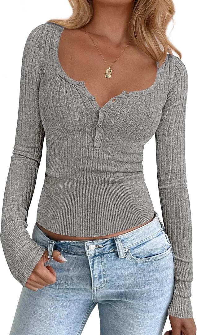 2 x BTFBM Fall Sweaters for Women 2025 Lightweight Long Sleeve Henley Shirts Button Up Knit Basic Slim Fit Going Out Tops (Gray, XXL)