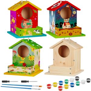 Liliful 2 Pack DIY Wooden Birdhouse Kit, Crafts for Kids and Adults, Bird House with Paint and Paintbrushes Painting Kits for Boys and Girls, Spring Birthday Classroom Gifts for Ages 4-8
