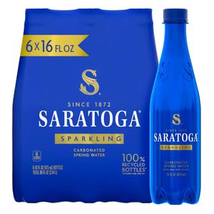 Saratoga Sparkling Water Bottles, 6-Pack - Carbonated Spring Bottled Water with Naturally Occurring Minerals & Electrolytes - Recycled PET Plastic Bottles - 16 Fl Oz (EXP 02/20/26)