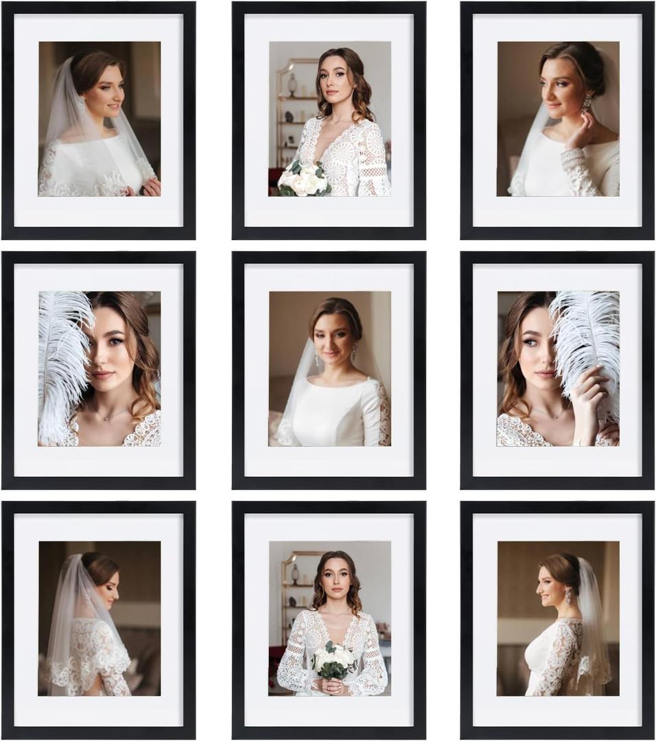 11x14 Picture Frame Set of 9, Display Pictures 8x10 with Mat or 11x14 without Mat, Multi Collage Gallery Square Photo Frames for Wall or Tabletop, Black